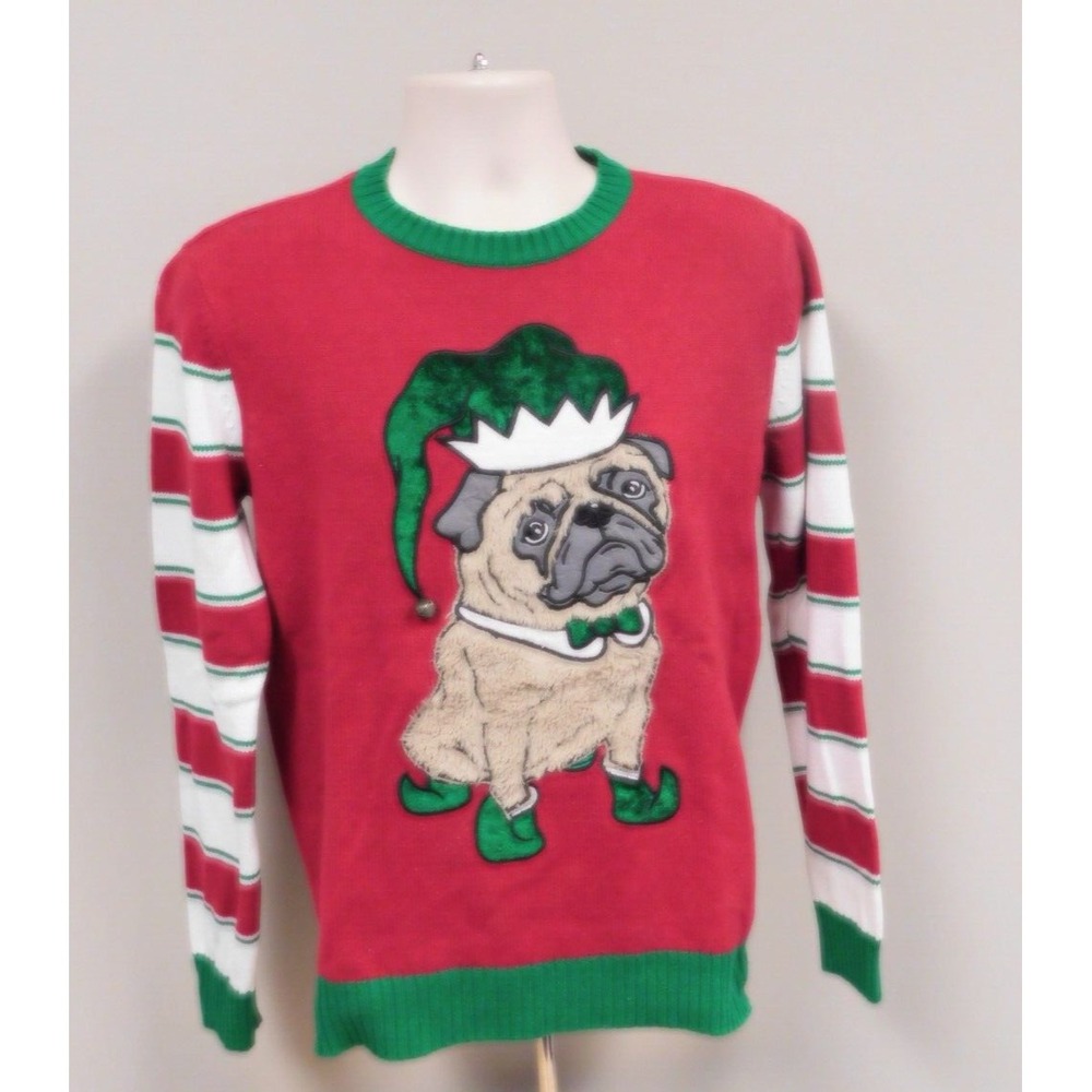 Ugly Christmas Sweater Red Green Striped Sleeve Pug Dog‎ Elf Holiday Knit Small